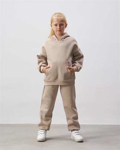 Kız Çocuk Pamuklu Bej Kapüşonlu Sweatshirt Eşofman Alt-Üst Takım - Rahat Günlük Giyim