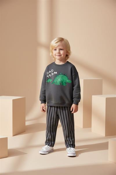 Erkek Çocuk Pamuklu Gri Sevimli Hayvancık Baskılı Sweatshirt - Dad Team Yazılı