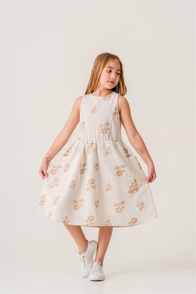 Kız Çocuk Keten Ekru Çiçek Desenli Elbise - Yazlık Şıklık