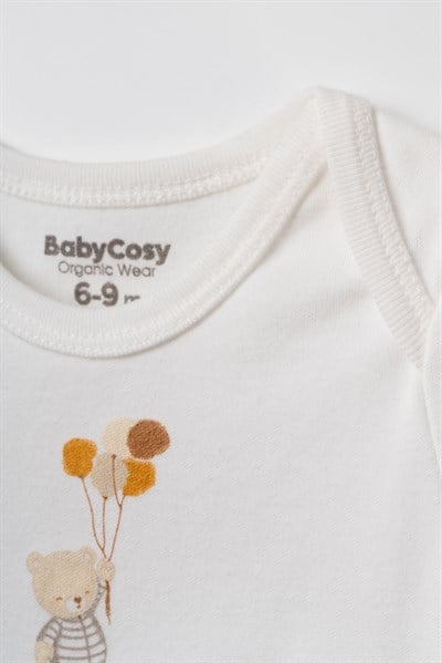Unisex Bebek Pamuklu Ekru 2li Kısa Kollu Body Seti - Desenli ve Ayıcık Baskılı