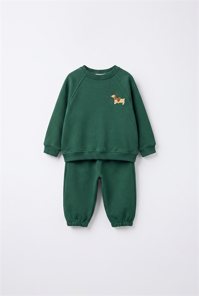 Bebek Pamuklu Köpek Nakışlı Yeşil Sweatshirt ve Eşofman Altı Takımı