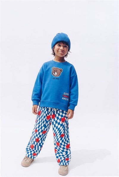 Çocuk Ayıcık Baskılı Mavi Sweatshirt ve Desenli Eşofman Altı Takımı