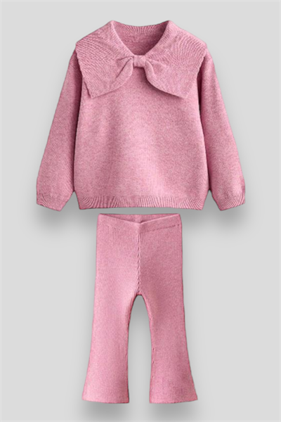 Triko Fiyonk Desenli Kışlık Pamuklu Sweatshirt Tayt Alt-Üst Takım Kız Çocuk 
