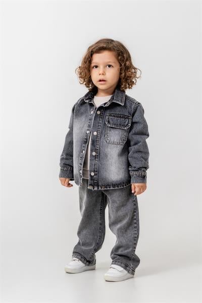 Erkek Çocuk Pamuklu Gri Denim Ceket & Pantolon Takım
