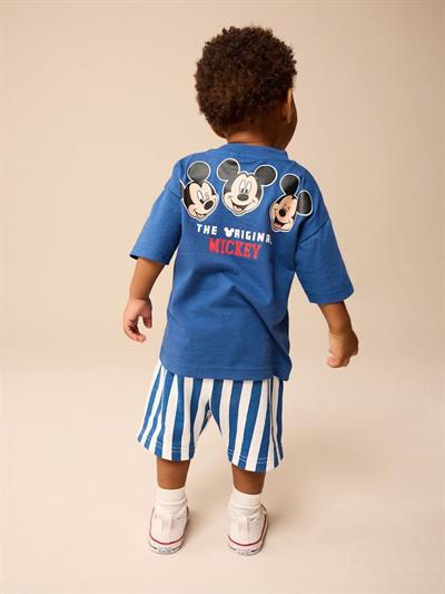 Erkek Bebek Mickey Mouse Baskılı Mavi Tişört ve Çizgili Şort Takım