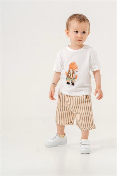 Pamuk Ayıcık Baskılı Beyaz Erkek Bebek Tişört ve Çizgili Şort İkili Takım (6-24 Ay)