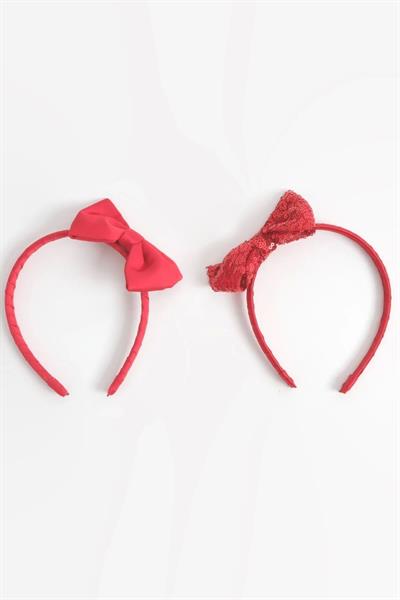 Kız Çocuk Payetli Kırmızı Fiyonklu Taç Seti - 2li Işıltılı Aksesuar