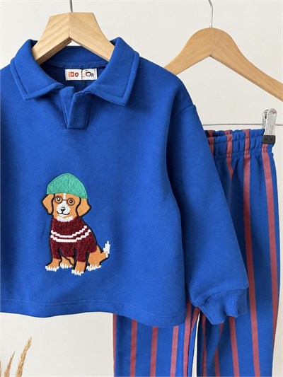 Erkek Çocuk Pamuklu Köpek Nakışlı Lacivert Polo Yaka Sweatshirt ve Çizgili Eşofman Takımı