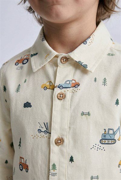 Erkek Çocuk Pamuklu İş Makinesi Desenli Gömlek Pantolon Takım - Düğmeli
