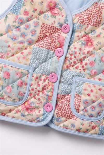 Kız Çocuk Pamuklu Çiçekli Patchwork Desenli Kapitone Yelek