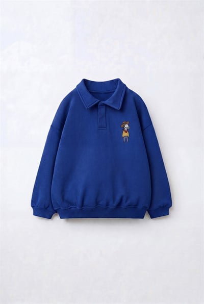 Çocuk Polo Yaka Mavi Nakış Detaylı Sweatshirt