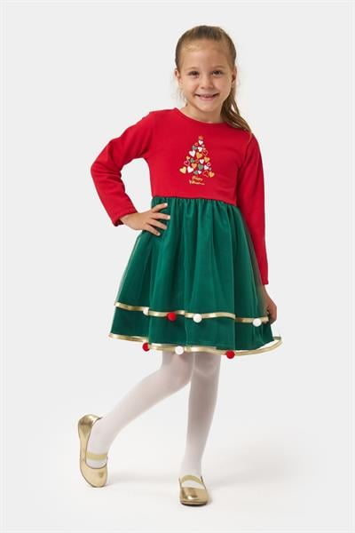 Kız Çocuk Pamuklu Kırmızı Noel Ağacı Desenli Elbise - Tüllü ve Ponpon Detaylı Yılbaşı Elbisesi