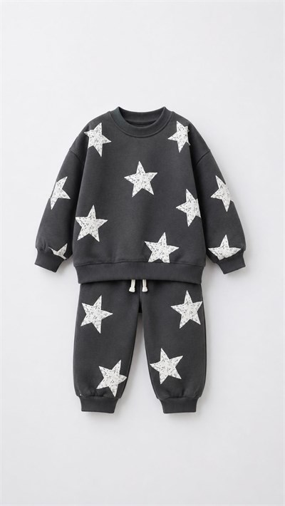 Çocuk Pamuklu Yıldız Desenli Antrasit Sweatshirt ve Eşofman Altı Takımı