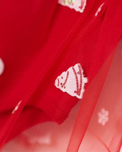 Kız Bebek Pamuklu Kırmızı Kardan Adam Temalı Tül Etekli Body Set - Saç Bandı Aksesuarlı