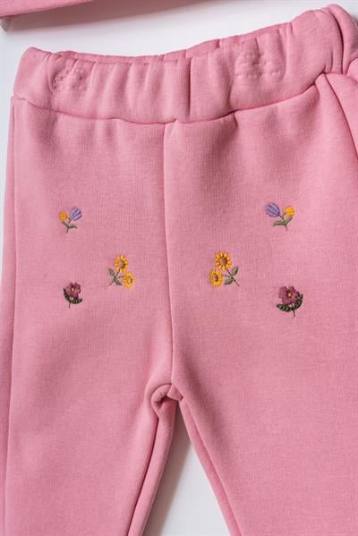 Kız Çocuk Pamuklu Pembe Çiçek Nakışlı Dantel Detaylı Sweatshirt ve Eşofman Takım