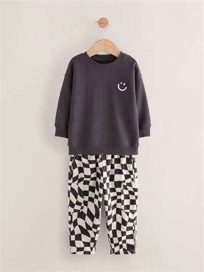 Çocuk  Smiley Baskılı Antrasit Sweatshirt ve Dama Desenli Eşofman Takımı