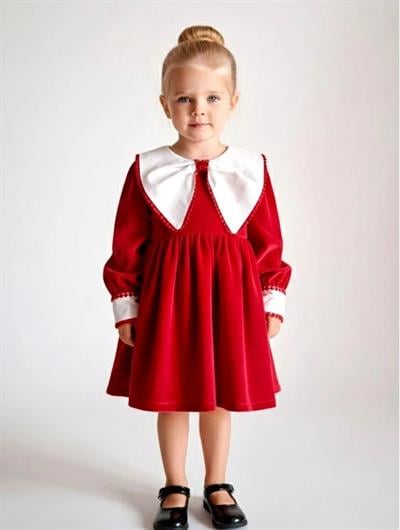 Kız Çocuk Pamuklu Kadife Kırmızı Beyaz Yakalı Elbise - Balon Kol ve Ponpon Detaylı