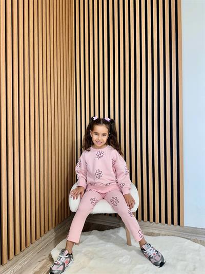 Kız Çocuk Pamuklu Pembe Çiçek Baskılı Sweatshirt Tayt Takım