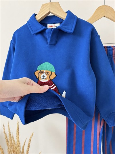 Erkek Çocuk Pamuklu Köpek Nakışlı Lacivert Polo Yaka Sweatshirt ve Çizgili Eşofman Takımı