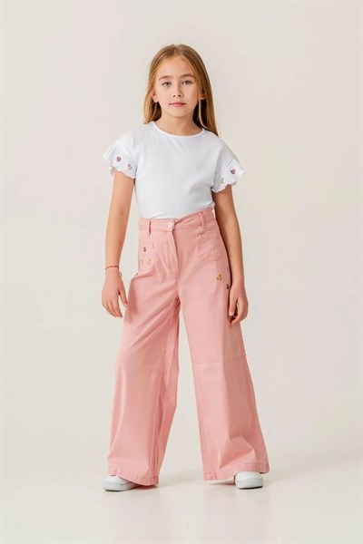 Kız Çocuk Pamuklu Beyaz Fırfır Kollu T-shirt Pembe Nakışlı Bol Paça Pantolon Takım