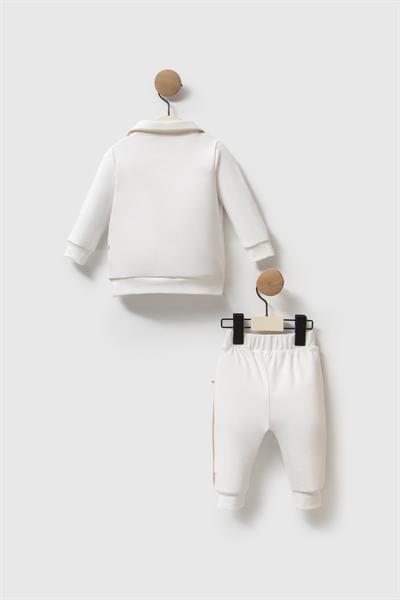 Unisex Çocuk Pamuklu Ekru Ayıcık Nakışlı Sweatshirt ve Eşofman Takım – Hediye Kutulu
