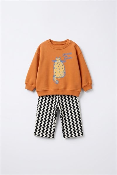  Çocuk Pamuklu Kedi Baskılı Turuncu Sweatshirt ve Eşofman Takımı