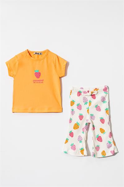 Kız Bebek Çilek Desenli Pamuklu Kısa Kollu Tişört ve Pantolon Takımı - 6-18 Ay