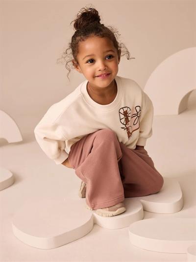 Kız Çocuk Pamuklu Ekru Baskılı Sweatshirt ve Gül Kurusu Eşofman Takım - Rahat Kalıp