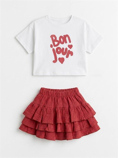Kız Çocuk Pamuklu Bonjour Baskılı T-shirt Fırfırlı Etek Takım