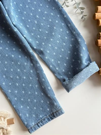 Kız Çocuk Pamuklu Mavi Puantiye Desenli Denim Pantolon – Lastik Belli, Rahat Kesim