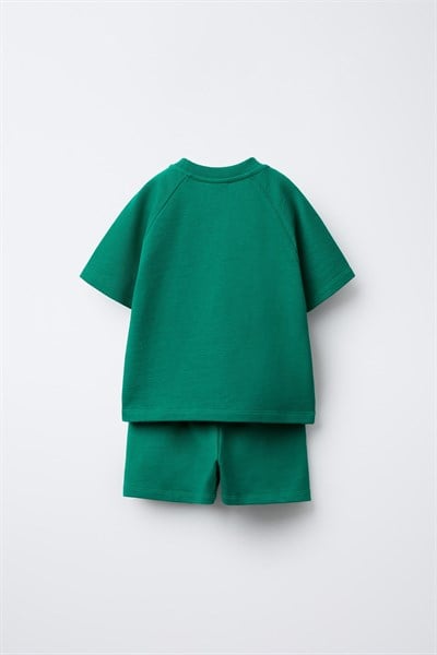 Unisex Çocuk Pamuklu Yeşil Gergedan Nakışlı T-Shirt Şort Takım