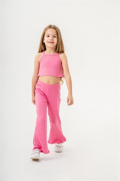 Kız Çocuk Pamuklu Pembe Ribana Askılı Crop ve Bol Paça Pantolon 2li Takım
