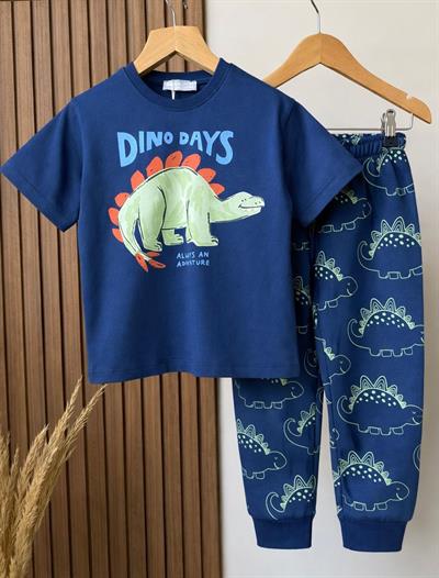 Erkek Çocuk Pamuklu Lacivert Dinozor Baskılı T-Shirt ve Eşofman Altı 2li Takım