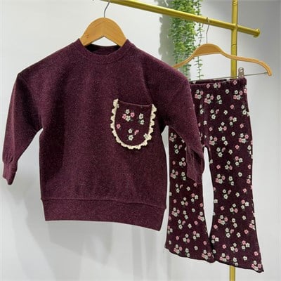 Kız Çocuk Çiçek Desenli Bordo Sweatshirt ve İspanyol Paça Tayt Takımı