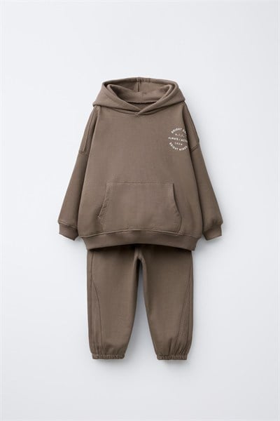 Çocuk Pamuklu Kapüşonlu Kahverengi Sweatshirt ve Eşofman Altı Takımı