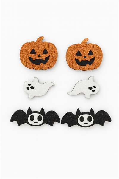 Halloween Temalı Parlak Süs Seti – Kabak, Hayalet ve Yarasa Figürlü 6lı Dekoratif Pamuklu Aksesuar