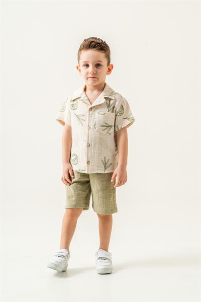 Erkek Çocuk Pamuklu Hindistan Cevizi Desenli Kısa Kollu Gömlek ve Şort Takım - Yazlık Rahatlık