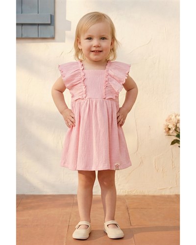 Kız Çocuk Pamuklu Pembe Müslin Elbise