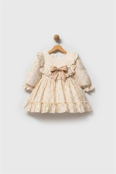 Kız Çocuk Pamuklu Bej Puantiye Dantelli Elbise - Fırfır Yaka ve Fiyonk Detaylı