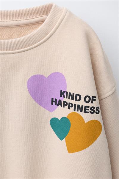 Kız Çocuk Pamuklu Bej Kalpli Sweatshirt ve Renkli Kalpli Siyah Tayt Takım