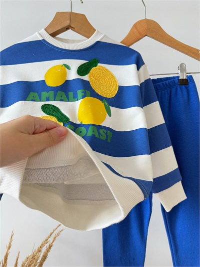 Çocuk Pamuklu Limon Mavi Çizgili Sweatshirt ve Tayt Takımı