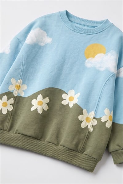 Kız Çocuk Pamuklu Papatya Desenli Mavi Sweatshirt ve Tayt Takımı