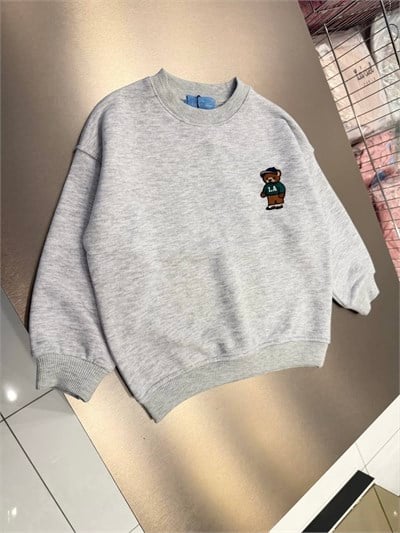 Çocuk Pamuklu Ayıcık Nakışlı Açık Gri Sweatshirt