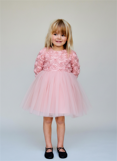 Kız Çocuk Pamuklu Pembe Çiçek Desen Aplikeli Tül Elbise - Özel Gün ve Davet Elbisesi