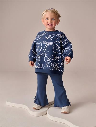 Kız Çocuk Pamuklu Lacivert Fiyonk Desenli Sweatshirt ve Volan Paça Eşofman Takımı