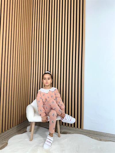 Kız Çocuk Pamuklu Kiremit Çiçek Desenli Dantel Yaka Sweatshirt & Tayt Takım