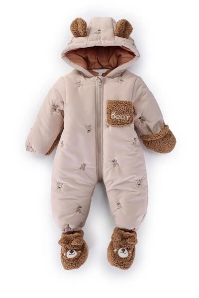 Erkek Bebek Ayıcık Desenli Kapüşonlu Eldivenli Patikli Kozmonot-Astronot Tulum