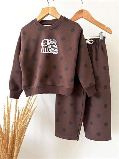 Çocuk Pamuklu Baskılı Kahverengi Puantiyeli Sweatshirt ve Eşofman Takımı