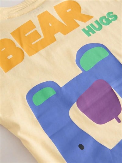 Erkek Çocuk Pamuklu Sarı Ayı Baskılı T-Shirt ve Çizgili Şort Takım - Yazlık