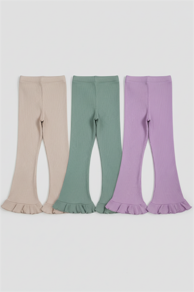 Kız Çocuk Pamuklu Ribana Fırfırlı Paça Tayt – 3lü Renkli Set